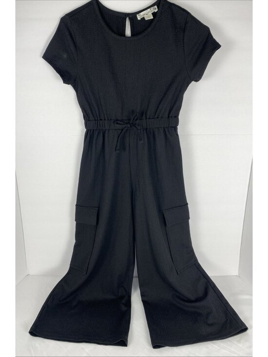 Knitworks Other - Knit Works Girls Short Sleeve Small 7-8 Black Waffle Jumpsuit Round Neckline
